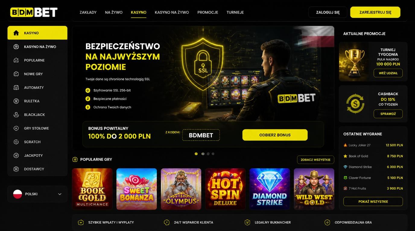 Gracz siedzi przed komputerem z tarczą SSL, Polska flaga, motyw bonusu